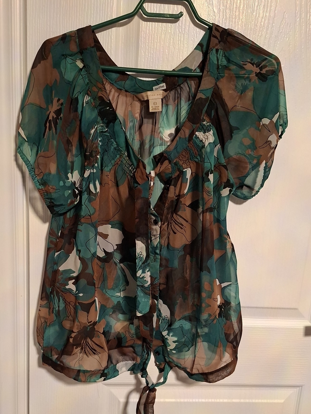 Semi-Sheer Floral‎ Tie-Hem Blouse in Teal and Brown